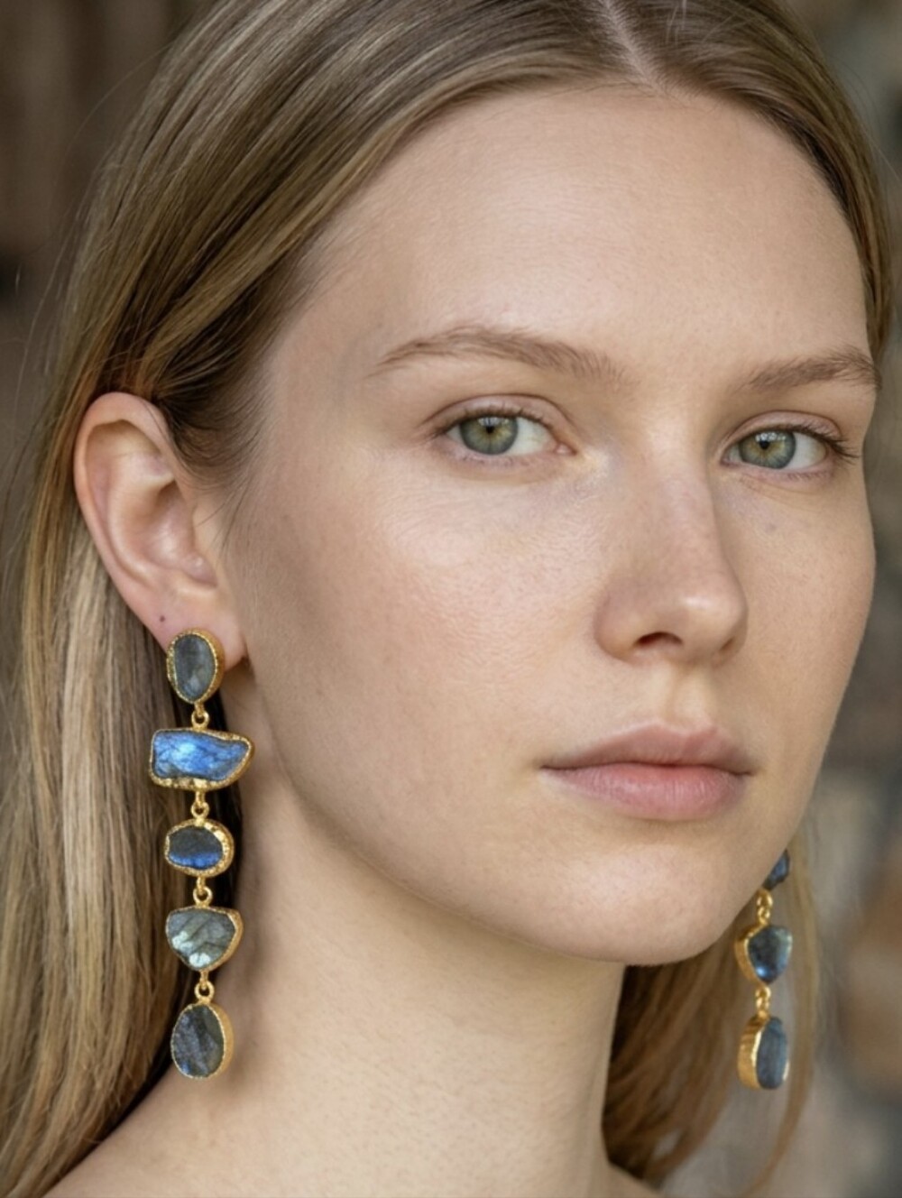 22k Gold Plated Fabulous Genuine Raw Labradorite Stone Crystal Dangle Earrings